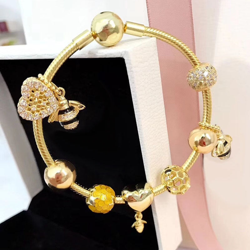 Luxury And Shiny Gold Color Bee Seires Creative With Heart Charm European Style 925 Sterling Silver Charm Bracelet