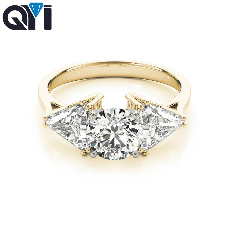 QYI Women Three Stone Engagement Ring Round cut 1 ct 14k Yellow gold Wedding Band Rings For Women