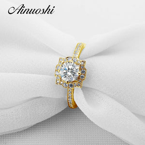 AINUOSHI Luxury Flower Halo Ring 14K Solid Yellow Gold Pave Setting Round Simulated Diamond Wedding Engagement Ring for Women