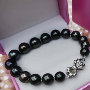 Newly stunning 8-10mm round black real Tahitian pearl bracelet s925 clasp