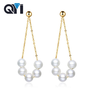 QYI Earring For Women Au750 18k Gold Dangle Drop Earring With 4-5 mm Natural Round High Luster Pearls Long Chain Tassel Design