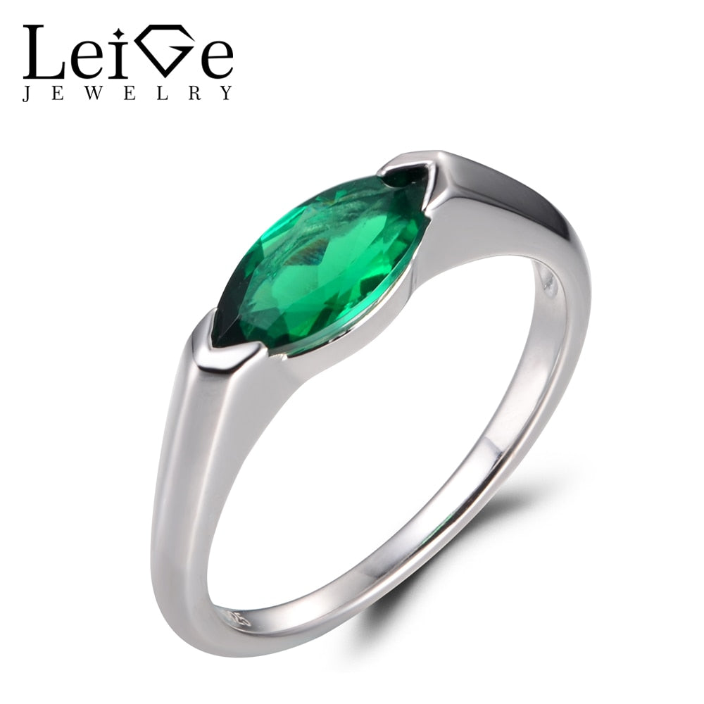 LeiGe Jewelry Emerald Wedding Rings May Birthstone Rings Marquise Cut Green Gemstone Genuine 925 Sterling Silver Solitaire Rings